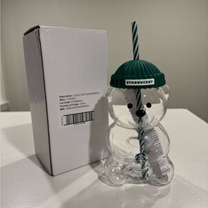 NWT Starbucks Glass Bearista Cold Cup with Green Lid and Straw